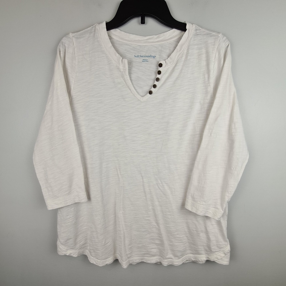 Soft Surroundings Henley Shirt White Women's V Neck M Button Detail 3/4 Sleeve